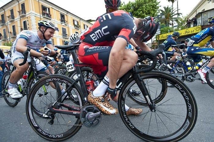 Man wearing Nike custom cycling shoes on a race