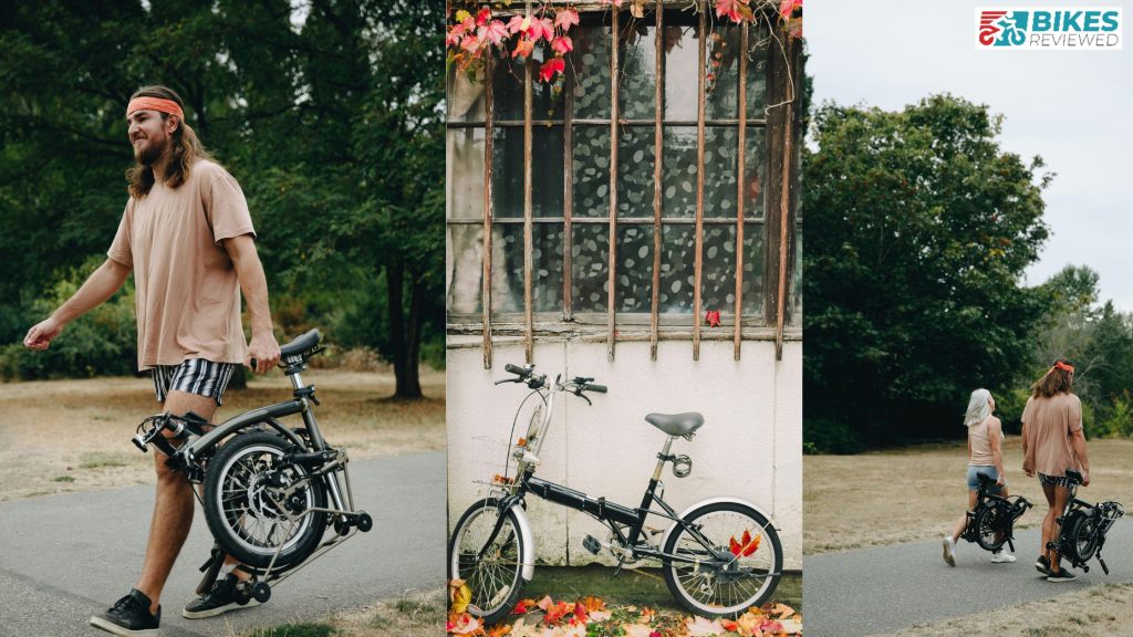 Three images of a man with long hair and a woman carrying folded bikes, an unfolded bike against a wall with red leaves, and the "Bikes Reviewed" logo in the top right corner.