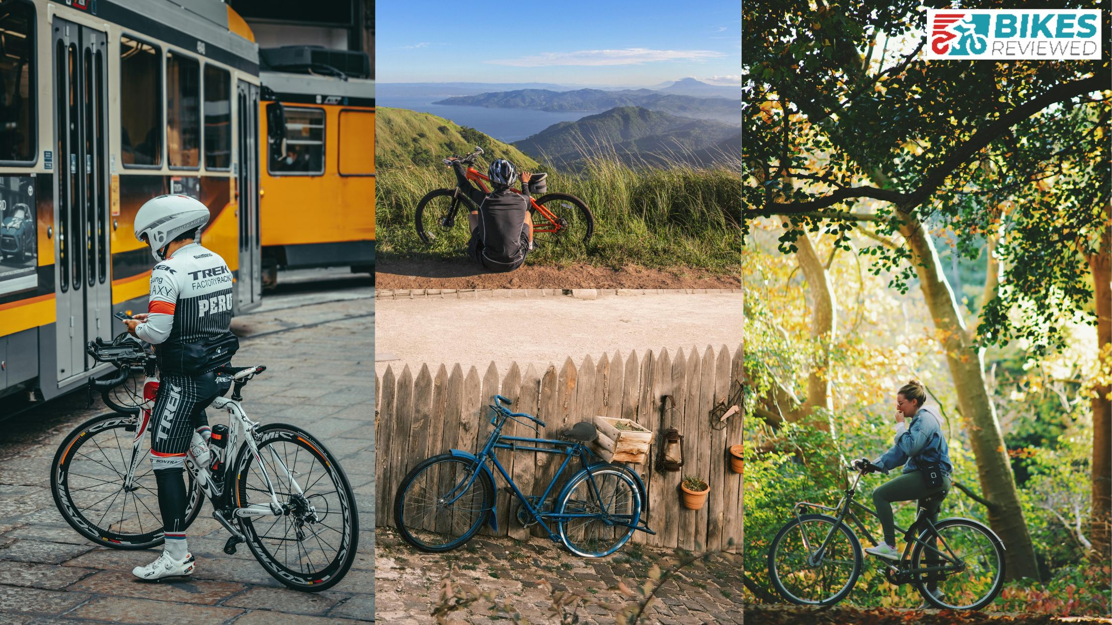 Cyclist in gear by a city tram, mountain biker overlooking a scenic view, and a woman riding a vintage bike in a forest.