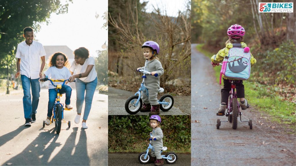 Children with bikes: parents helping a child ride, young child on a blue balance bike, and a child with a backpack on a bike with training wheels. "Bikes Reviewed" logo in top right corner.