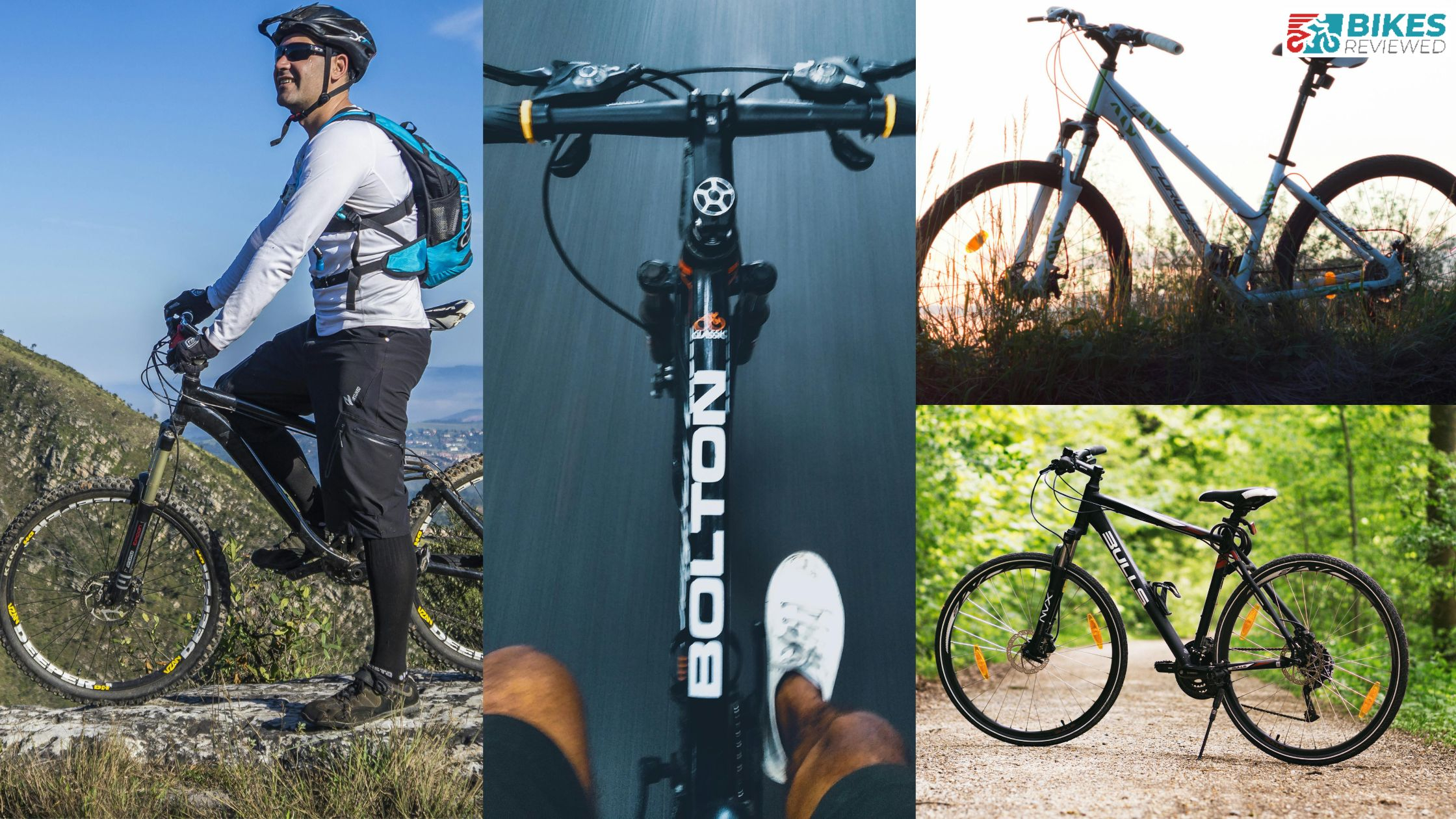 Collage of four biking images: a cyclist on a mountain trail with a Schwinn bike, a close-up view of bike handlebars from the rider's perspective, a bike in a field at sunset, and a bike on a forest path. The "Bikes Reviewed" logo is in the top right corner.