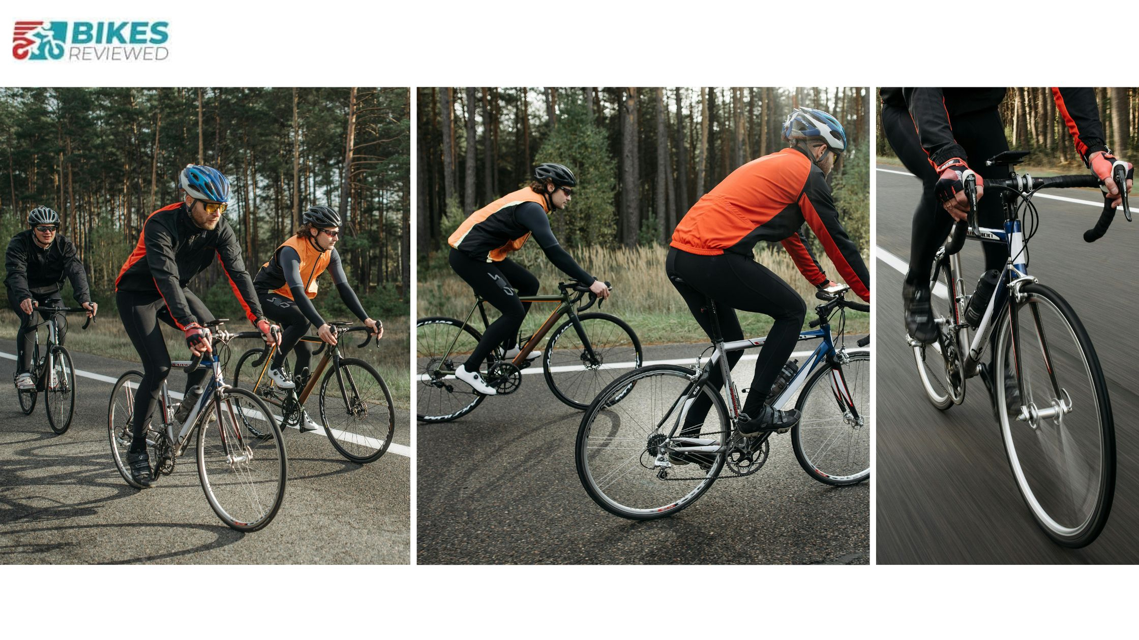 Three cyclists riding Fuji bikes on a forest road, wearing helmets and cycling gear, with the "Bikes Reviewed" logo in the corner.